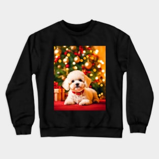 Bichon Frise Puppy Dog by Christmas Tree Crewneck Sweatshirt